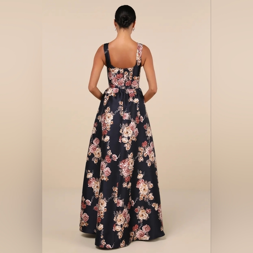 Lulus Elegant Pick Navy Blue Floral Sleeveless Bustier Maxi Dress S Wedding Prom - Picture 4 of 10